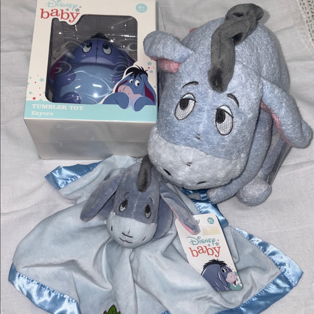 3 LOT BRAND NEW Disney Baby Eeyore Plush Tumble Toy Blankie - Light Blue & Gray